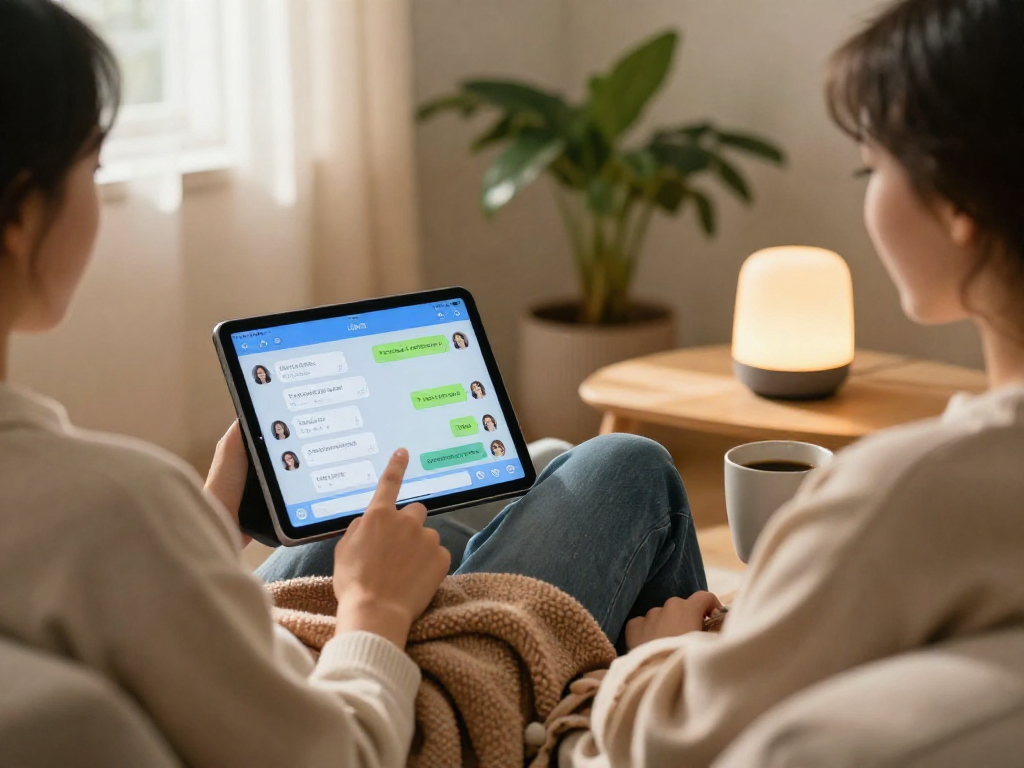 Engaging moment between a user and an AI girlfriend on a tablet in a cozy living room.