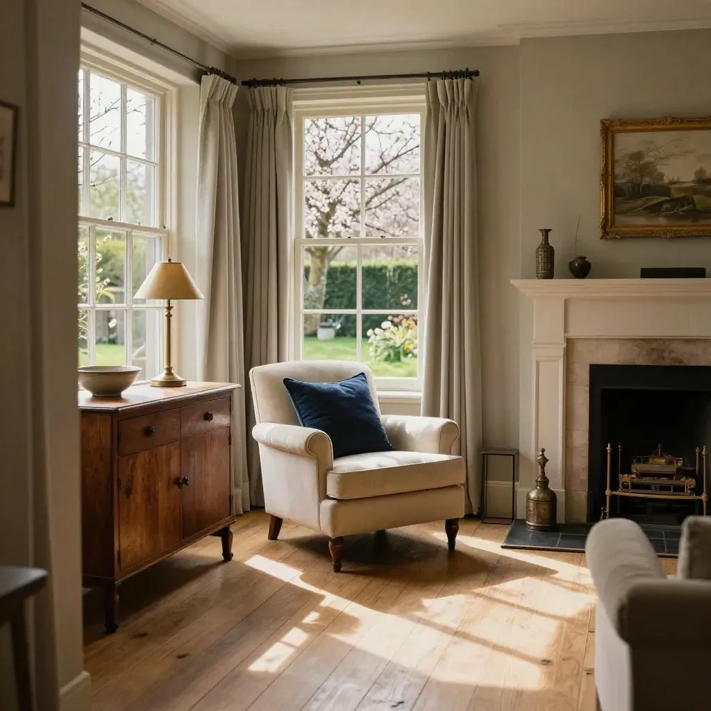 Sunlit UK bungalow sitting room with oak sideboard, reading lamp and garden view