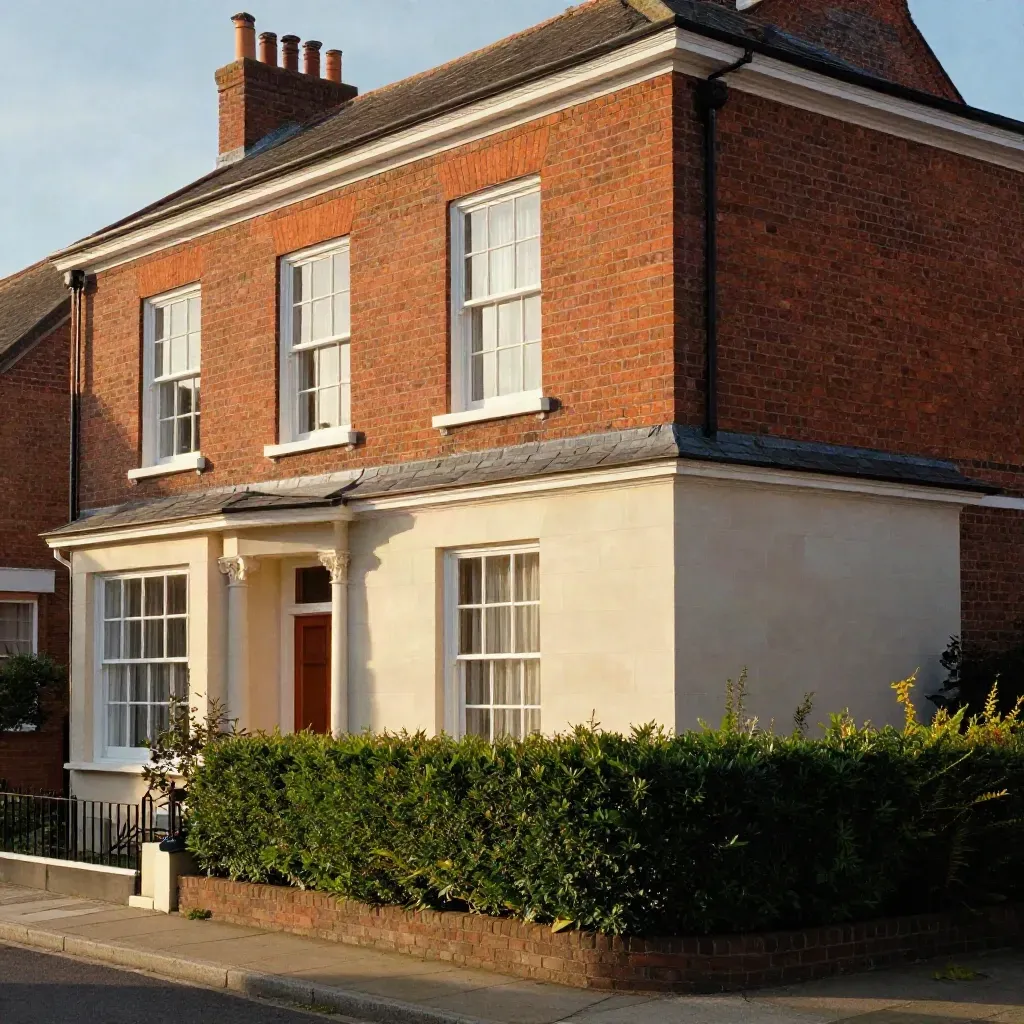 Premium UK house facade with sash windows, brickwork, and a neat side extension in warm sun.