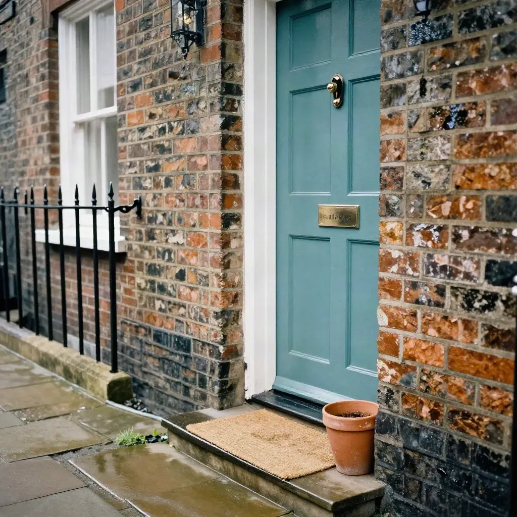 Refreshed teal terraced front entrance with new lockset, wet brickwork and stone steps.
