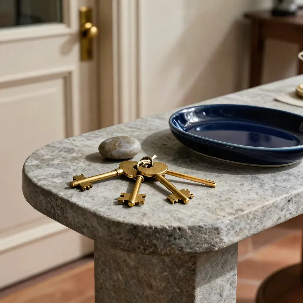 Brass keys and a lock cylinder on a stone console in a blurred hallway.