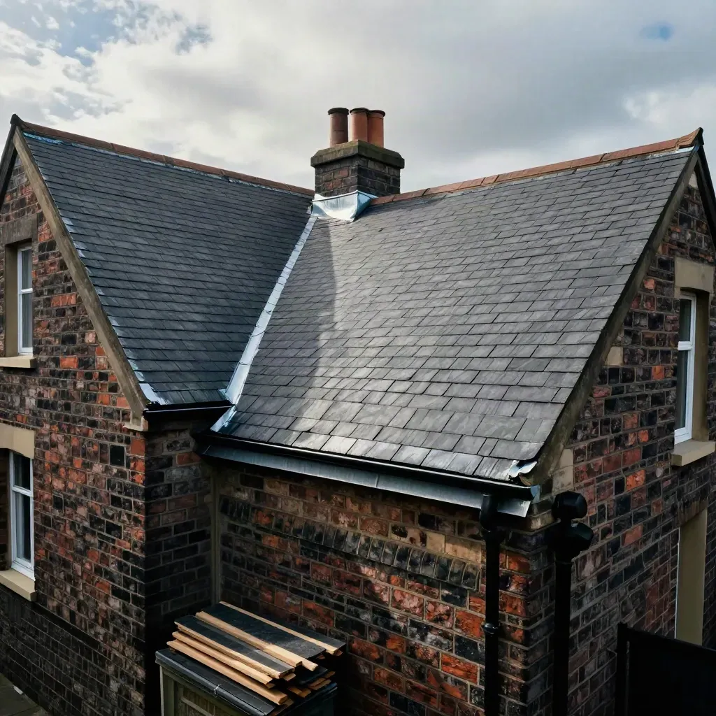 Repaired Leeds terrace roof with fresh slate patches and leftover materials by the wall.