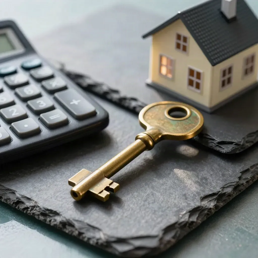 Macro still life of a brass key, calculator and sealed house model on slate.