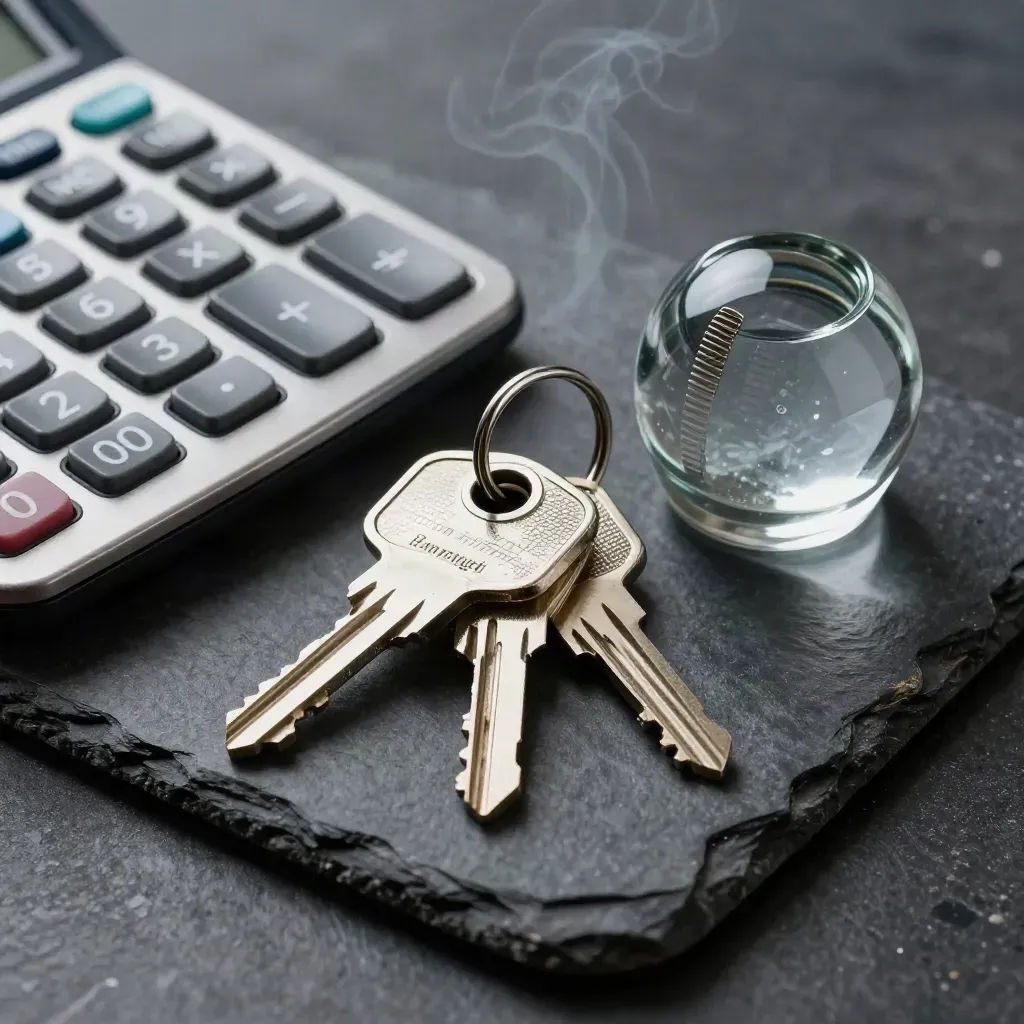 Calculator, keyring, lock cylinder and glass paperweight on slate, lit dramatically