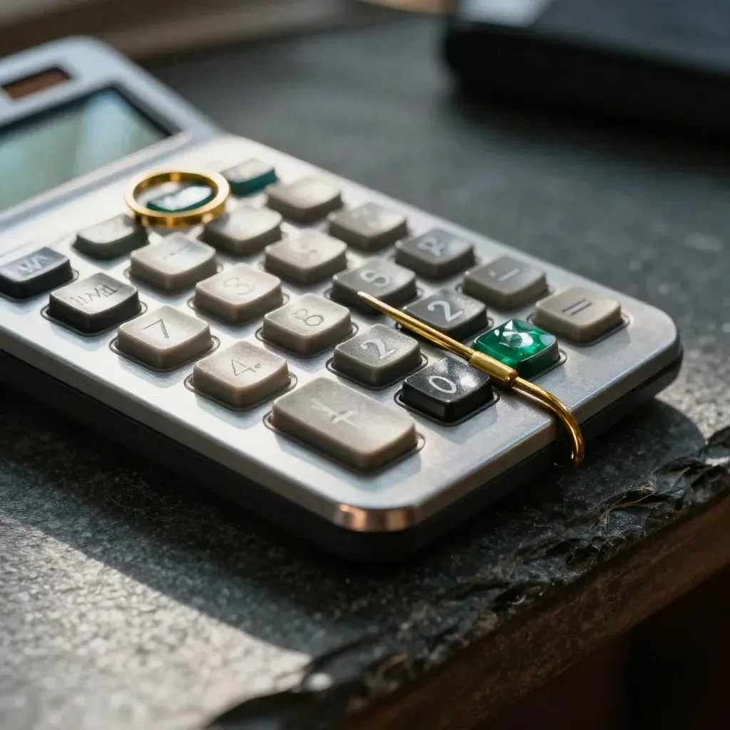 Macro of calculator keys and brass keys on stone with a subtle emerald accent.